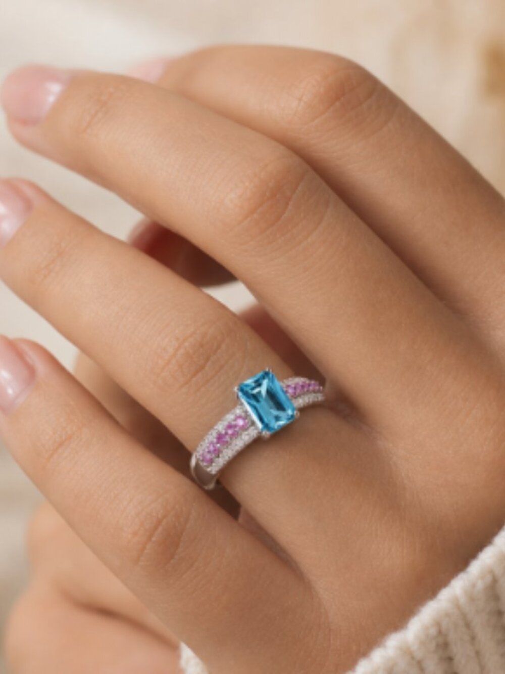 D'Joy Cambodian Blue Zircon, Pink Sapphire & White Zircon Sterling Silver Ring
